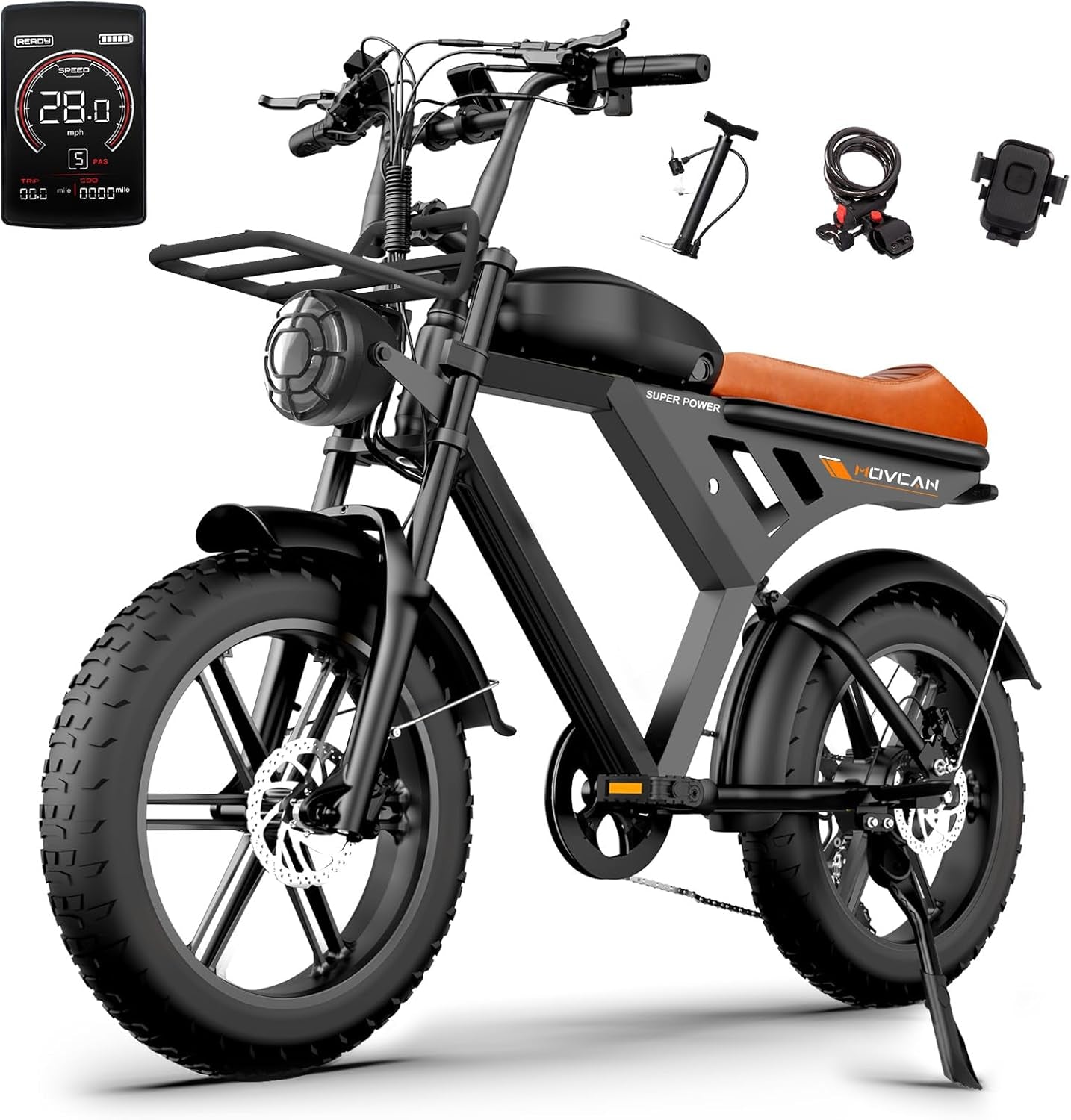 MOVCAN V30 Series Electric Bike for Adults, 3000W/1500W/1000W Motor, 20" Fat Tire Ebike, 37.5MPH/32MPH/28MPH, 120/70Miles, 48V 40Ah/31.2/15.6Ah Dual Battery Motorcycle Ebike for Commuting/Off-Roading