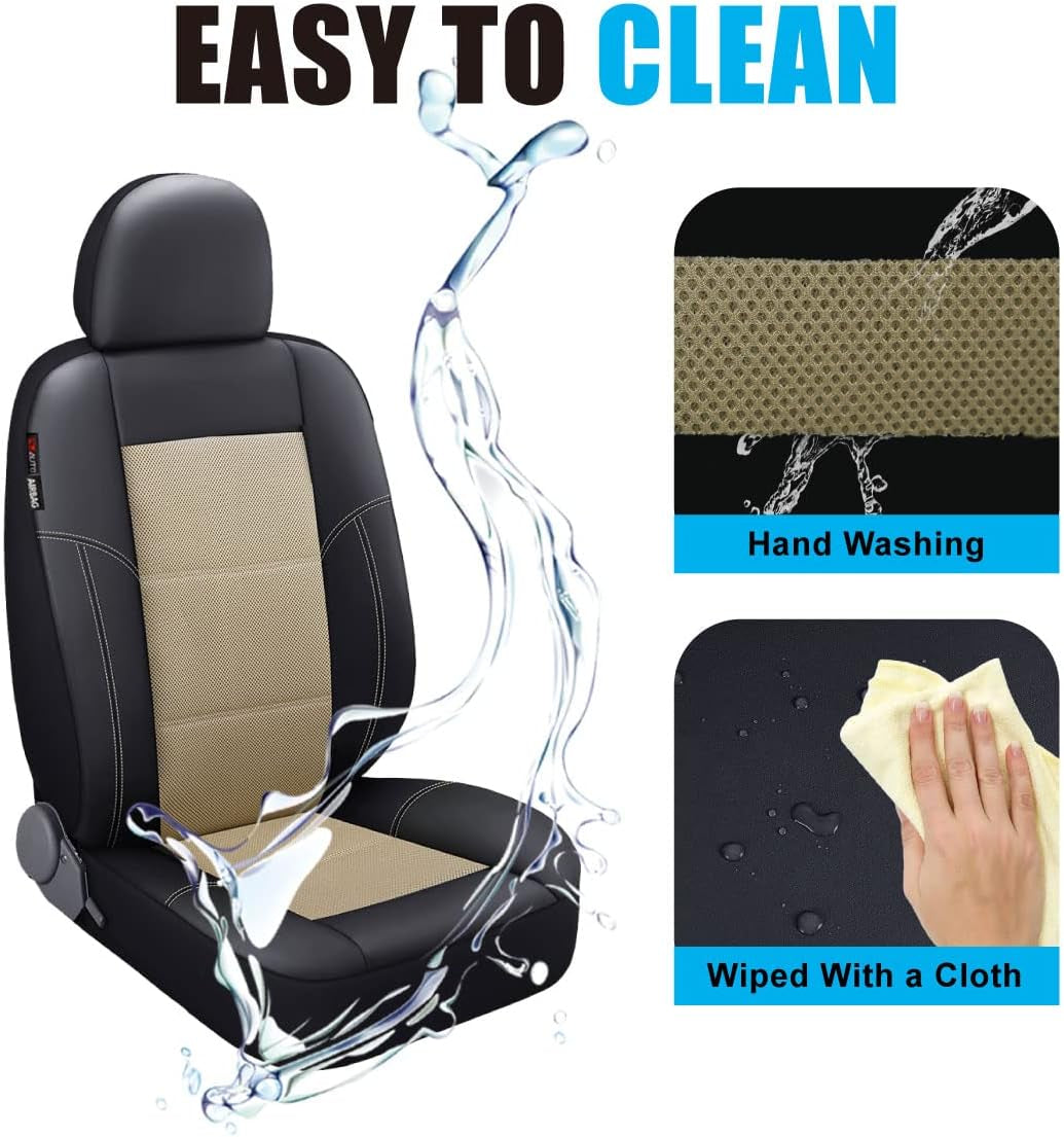 P&J AUTO Leather and Mesh Car Seat Cover Front Pair Universal Fit for Cars Trucks Vans & Suvs Airbag Compatible (Beige)
