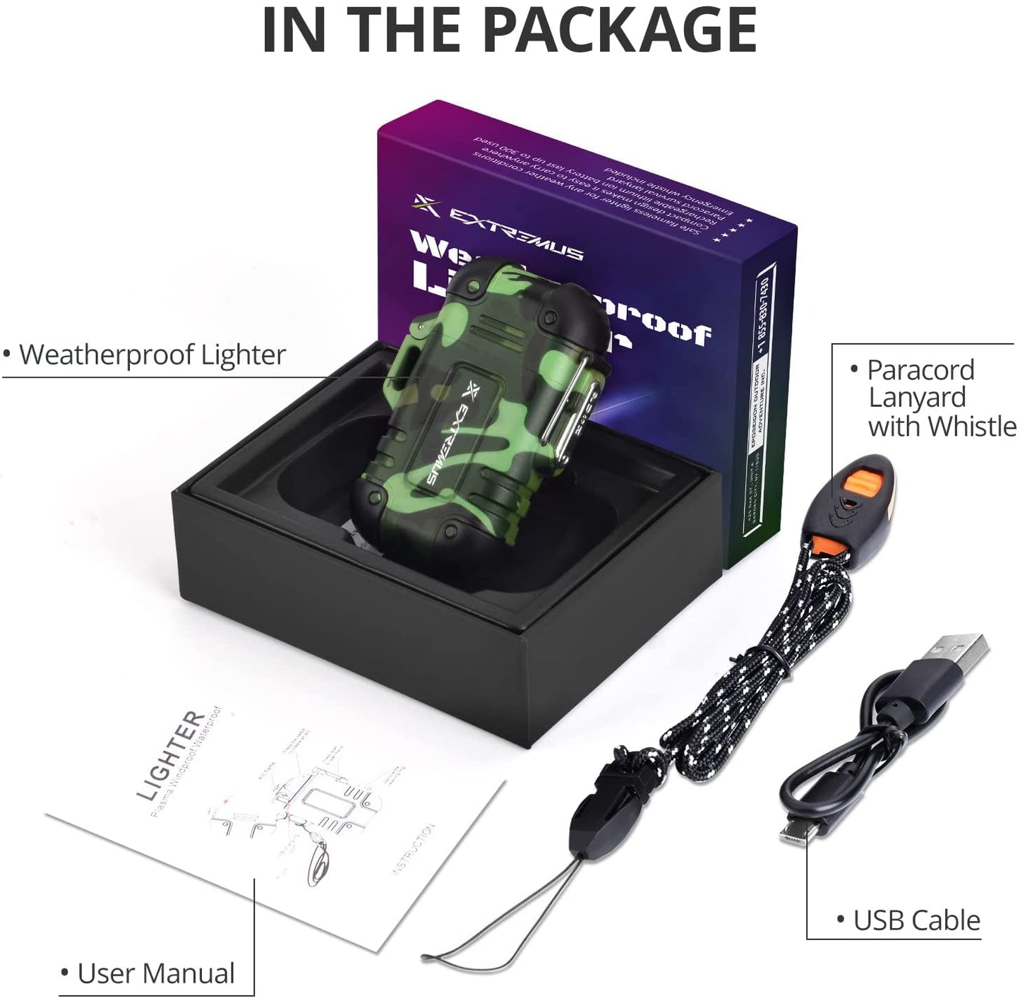 Extremus Blaze 360 Rechargeable Electric Lighters, Dual Arc Lighter, Windproof Plasma Lighter, Waterproof Lighter, Flameless Lighter with Whistle Lanyard for Camping (Army Green(Without Flash))