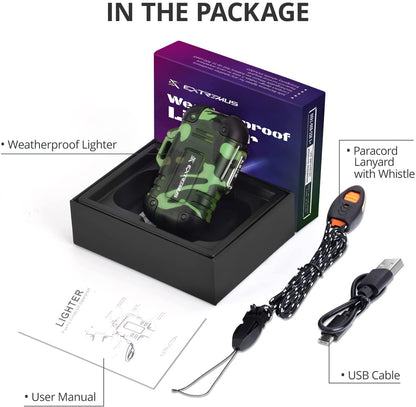 Extremus Blaze 360 Rechargeable Electric Lighters, Dual Arc Lighter, Windproof Plasma Lighter, Waterproof Lighter, Flameless Lighter with Whistle Lanyard for Camping (Army Green(Without Flash))