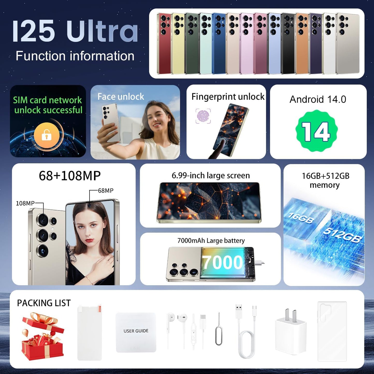 I25 Ultra Smartphone 16GB+512GB Android 14 Smartphone, 6.99" FHD+ Display, 7000Mah Battery, 108MP+68MP Dual Camera, Built-In Pen Stylus, Fast Performance Large Memory (Titanium Gray)