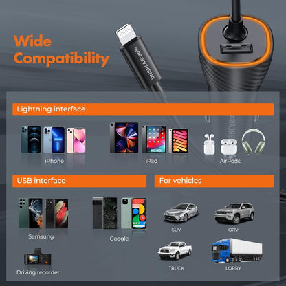 32W Iphone Car Charger - Unbreakcable [PD 20W Quick Charge] [Apple MFI C94 Certified] Phone Cigarette Lighter with Built-In 5FT Lightning Cable for Apple Iphone 14/13/12/11/Xs/Xs Max/Xr/X/8-Orange