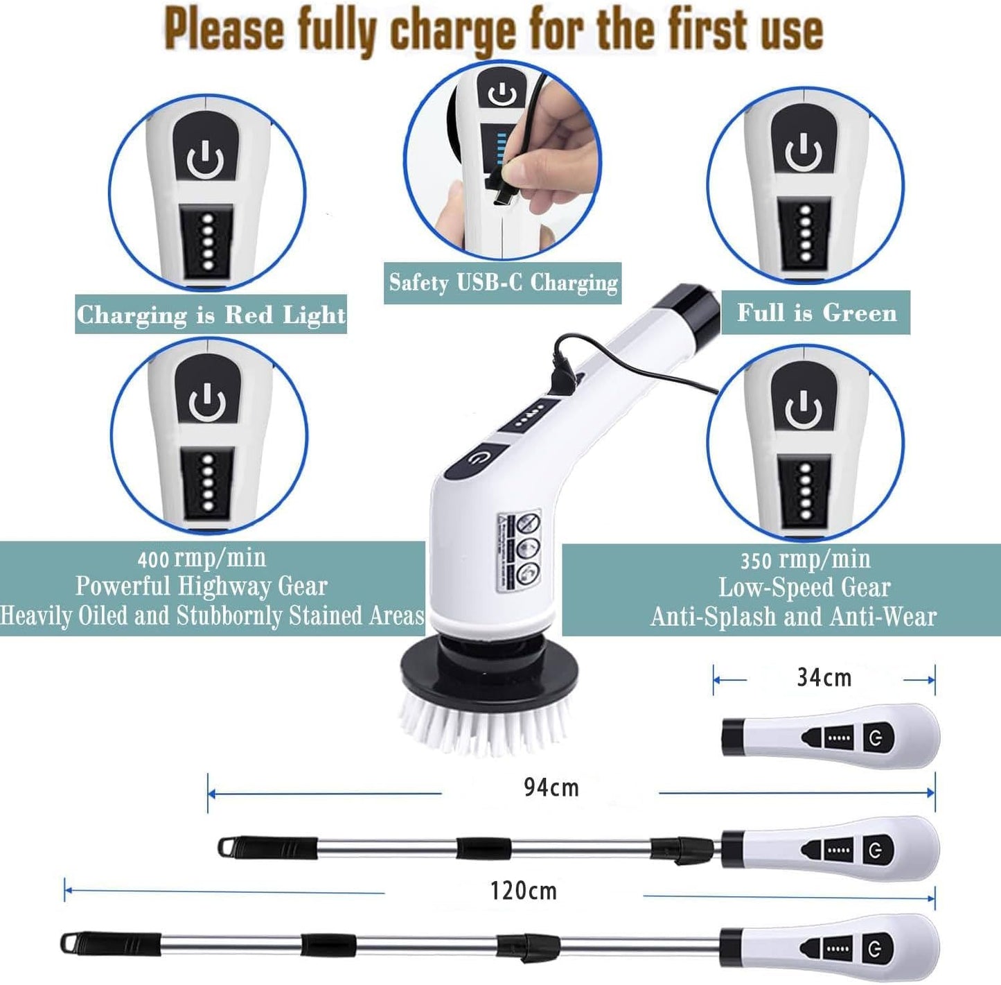 Electric Spin Scrubber, Cordless Cleaning Brush with 9 Replaceable Brush Heads, Tub and Floor Tile 360 Power Scrubber Dual Speed with Adjustable Detachable Handle for Bathroom Kitchen Car (9)