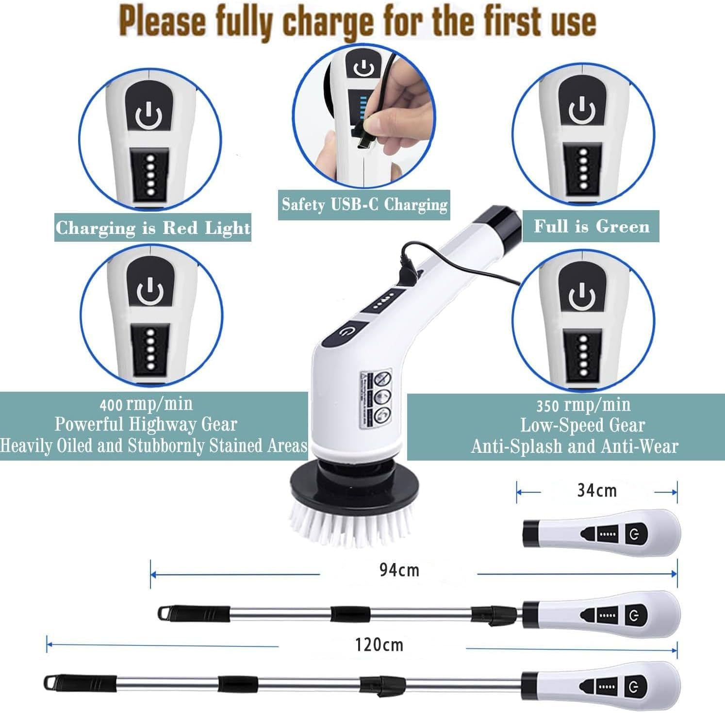 Electric Spin Scrubber, Cordless Cleaning Brush with 9 Replaceable Brush Heads, Tub and Floor Tile 360 Power Scrubber Dual Speed with Adjustable Detachable Handle for Bathroom Kitchen Car (9)