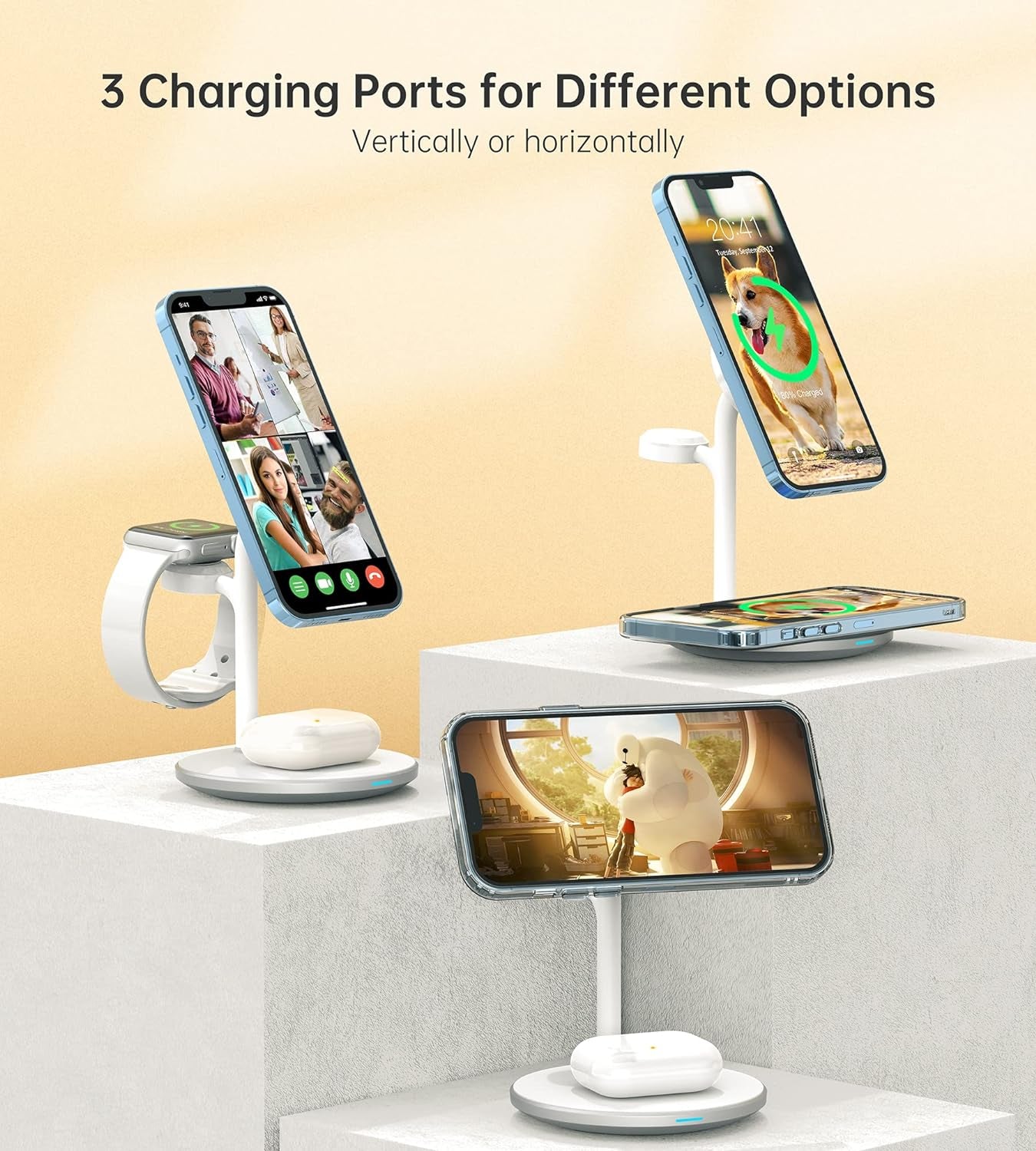 Xoofly 3 in 1 Wireless Charging Station for Apple Devices, 15W Fast Wireless Mag-Safe Charger Stand with 20W Adapter for Iphone 17 16 15 14 13 12 Pro Max/Air/Plus/Pro/Mini,Iwatch,Airpods (White)