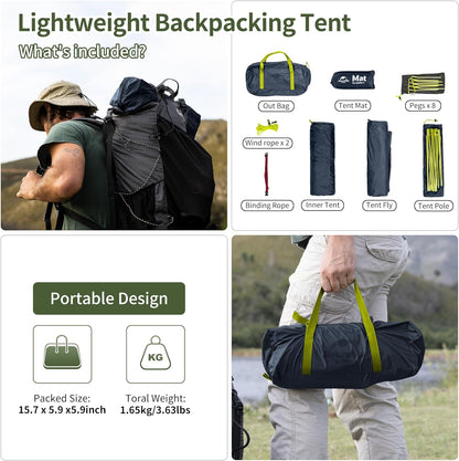 Naturehike Bikepacking 1 Person Tent, Waterproof Easy Set up Free Standing Single Person Tent, Lightweight Backpacking Tent for 1 Person, One Person Tent with Footprint Included