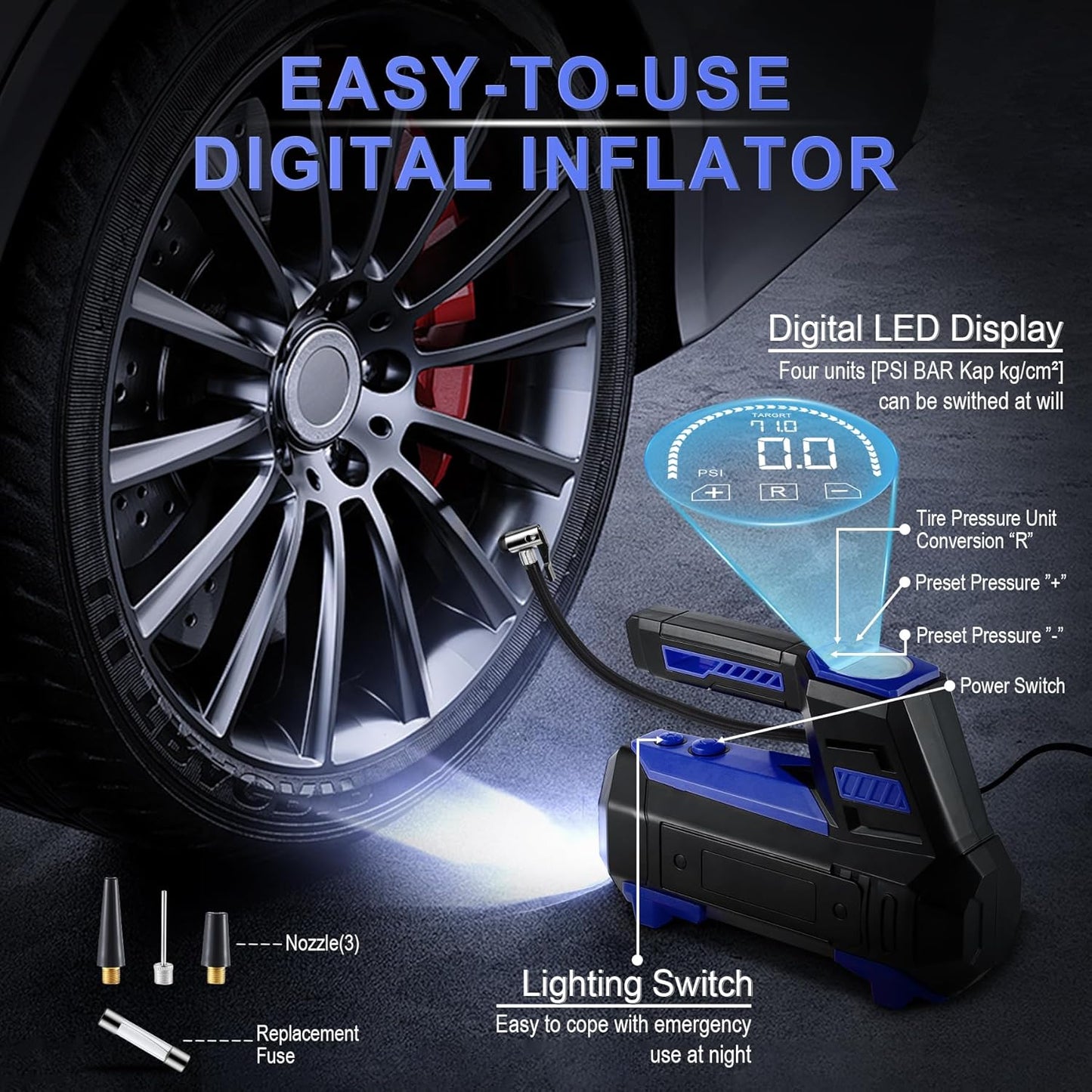Livtee Tire Inflator Portable Air Compressor for Car Tires - Car Accessories, 12V DC Air Pump with Digital Tire Pressure Gauge, Max 150PSI with Emergency LED Lights for Car, Camper, RV, Truck