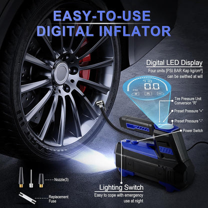 Livtee Tire Inflator Portable Air Compressor for Car Tires - Car Accessories, 12V DC Air Pump with Digital Tire Pressure Gauge, Max 150PSI with Emergency LED Lights for Car, Camper, RV, Truck