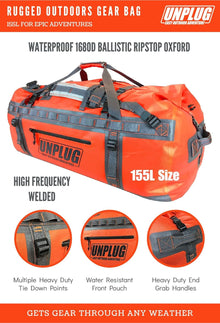 UNPLUG Ultimate Adventure Bag | 1680D Heavy Duty Waterproof Bag | Large Travel Duffle Bag Which Can Be Used for Camping, Motorcycling, Boating, or Hunting