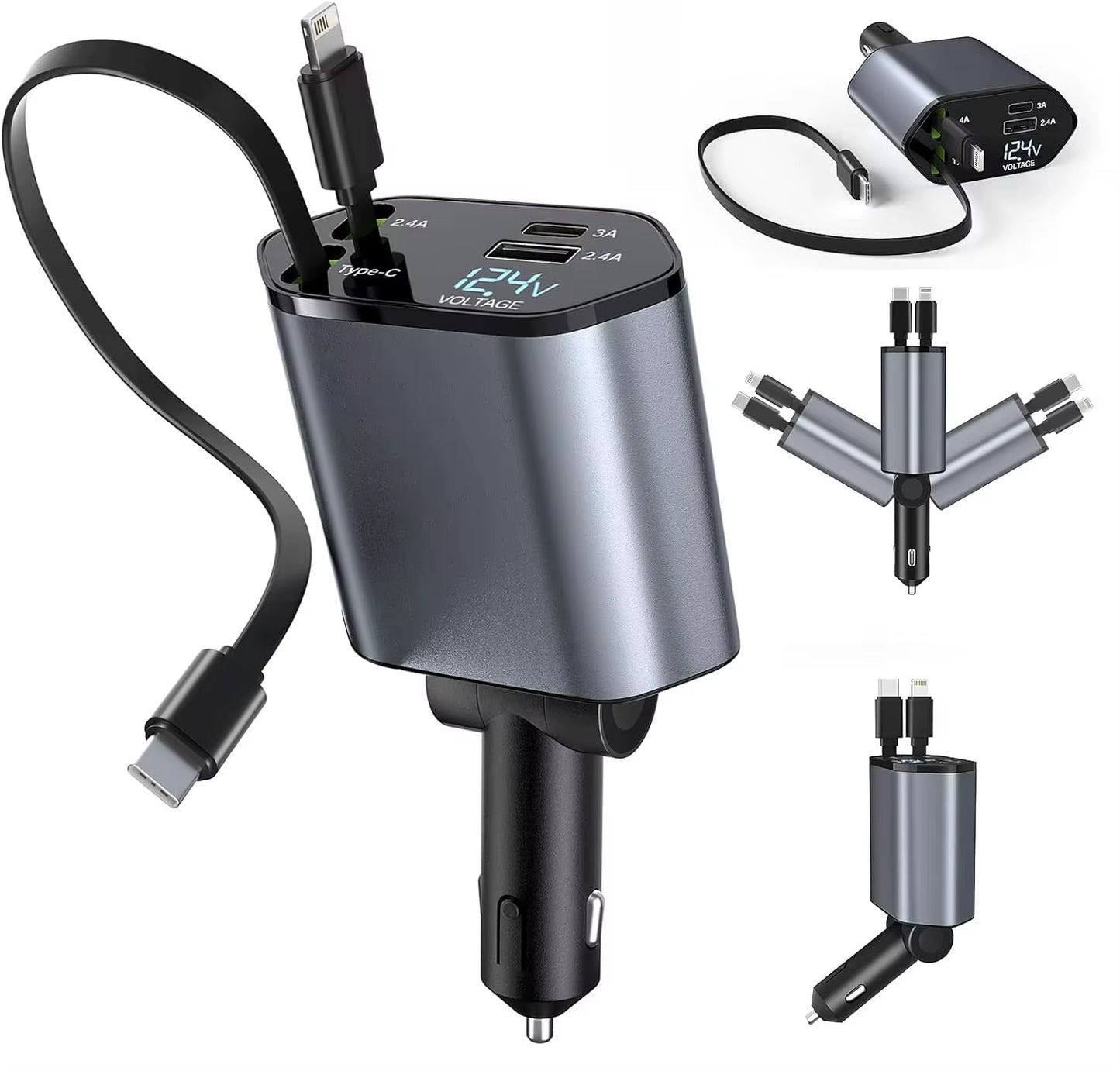 4 in 1 Retractable Car Charger, 100W Quick Charge with 2 USB Port, Retractable Iphone Charger & Tap-C Charger, Retractable Cable