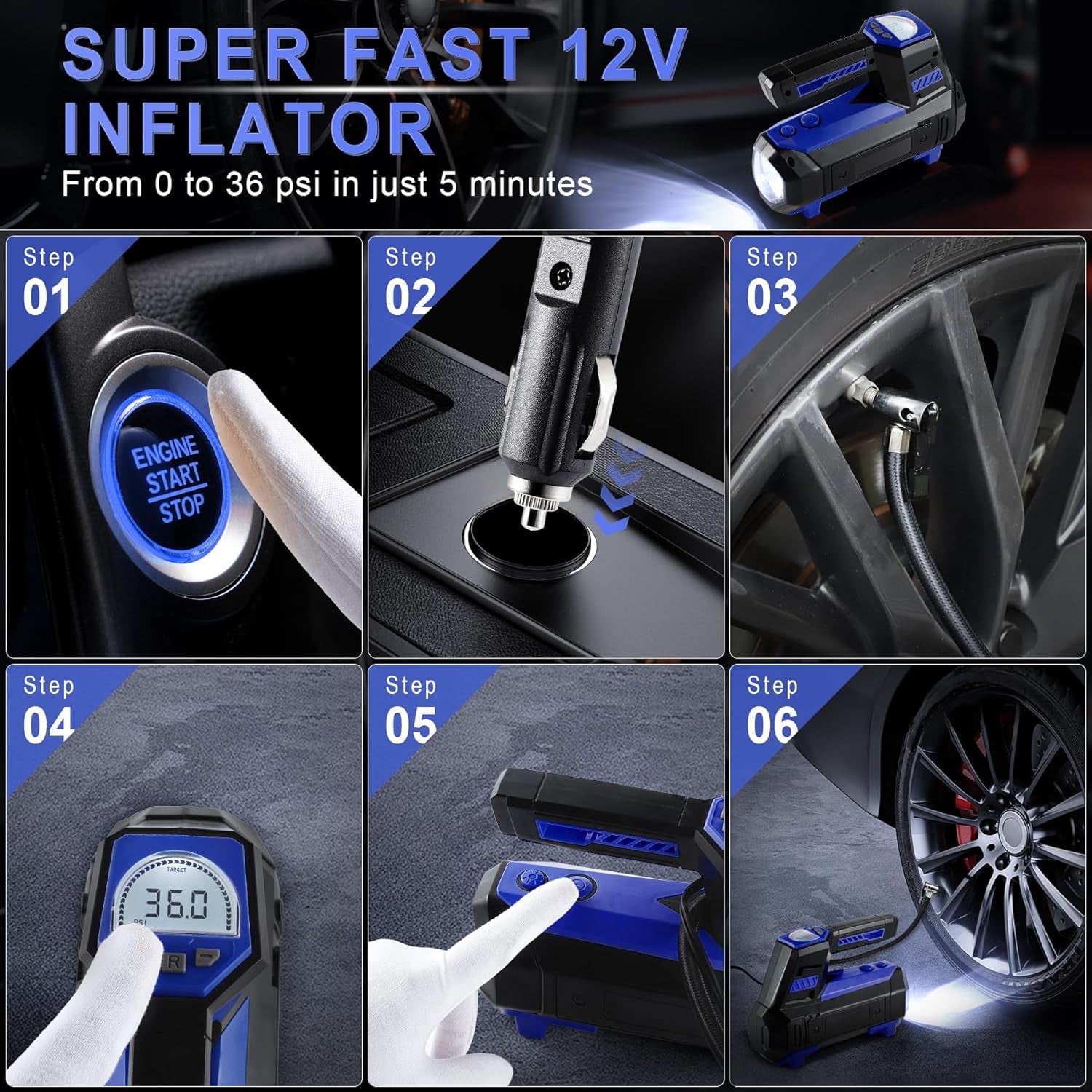 Livtee Tire Inflator Portable Air Compressor for Car Tires - Car Accessories, 12V DC Air Pump with Digital Tire Pressure Gauge, Max 150PSI with Emergency LED Lights for Car, Camper, RV, Truck