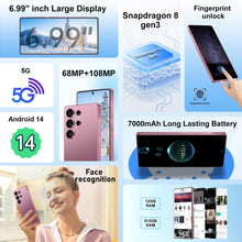 I25 Ultra Unlocked Android Smartphone - 12GB RAM, 512GB Storage, 6.99" HD Display, 7000mAh Battery, Snapdragon 8 Gen 3, 68MP + 108MP Professional Camera, Android 14, Face Unlock, Stylus Included (Rose)