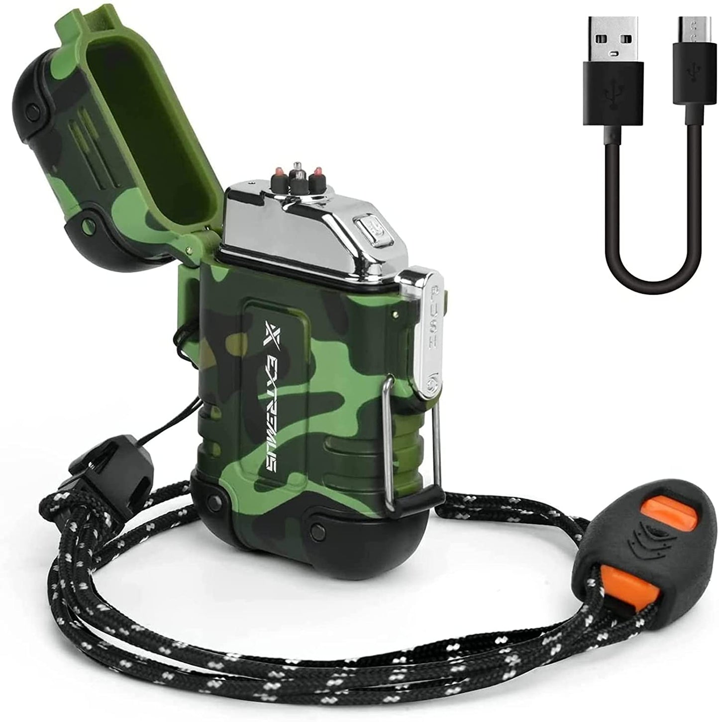 Extremus Blaze 360 Rechargeable Electric Lighters, Dual Arc Lighter, Windproof Plasma Lighter, Waterproof Lighter, Flameless Lighter with Whistle Lanyard for Camping (Army Green(Without Flash))