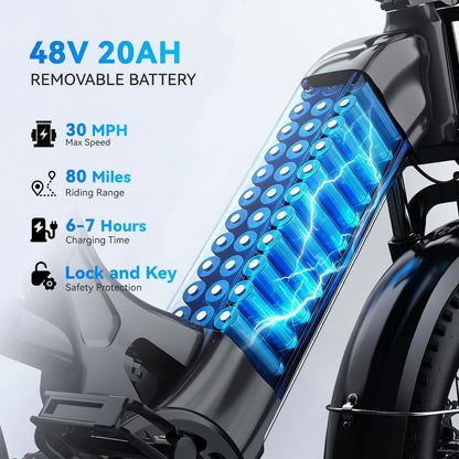 Electric Bike for Adults, 48V 20Ah, 20" X4.0 Fat Tire Step-Thru E-Bike, up to 30+ MPH, 80-Mile Range, Removable Battery, Carry Small Passenger, Ebike for Snow, Mountains, Road UL Certified