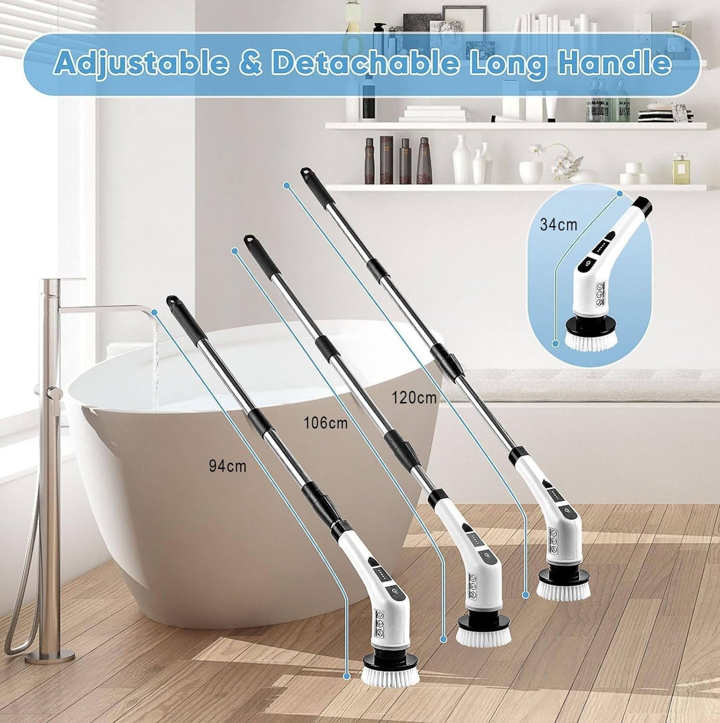 Electric Spin Scrubber, Cordless Cleaning Brush with 9 Replaceable Brush Heads, Tub and Floor Tile 360 Power Scrubber Dual Speed with Adjustable Detachable Handle for Bathroom Kitchen Car (9)