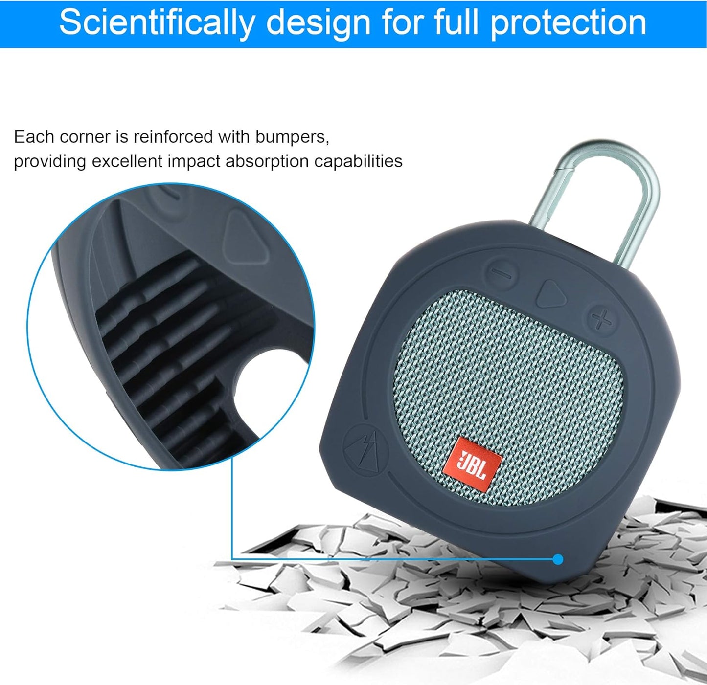 Txesign Protective Silicone Stand up Carrying Case for JBL Clip 3 Waterproof Portable Speaker(Blue)