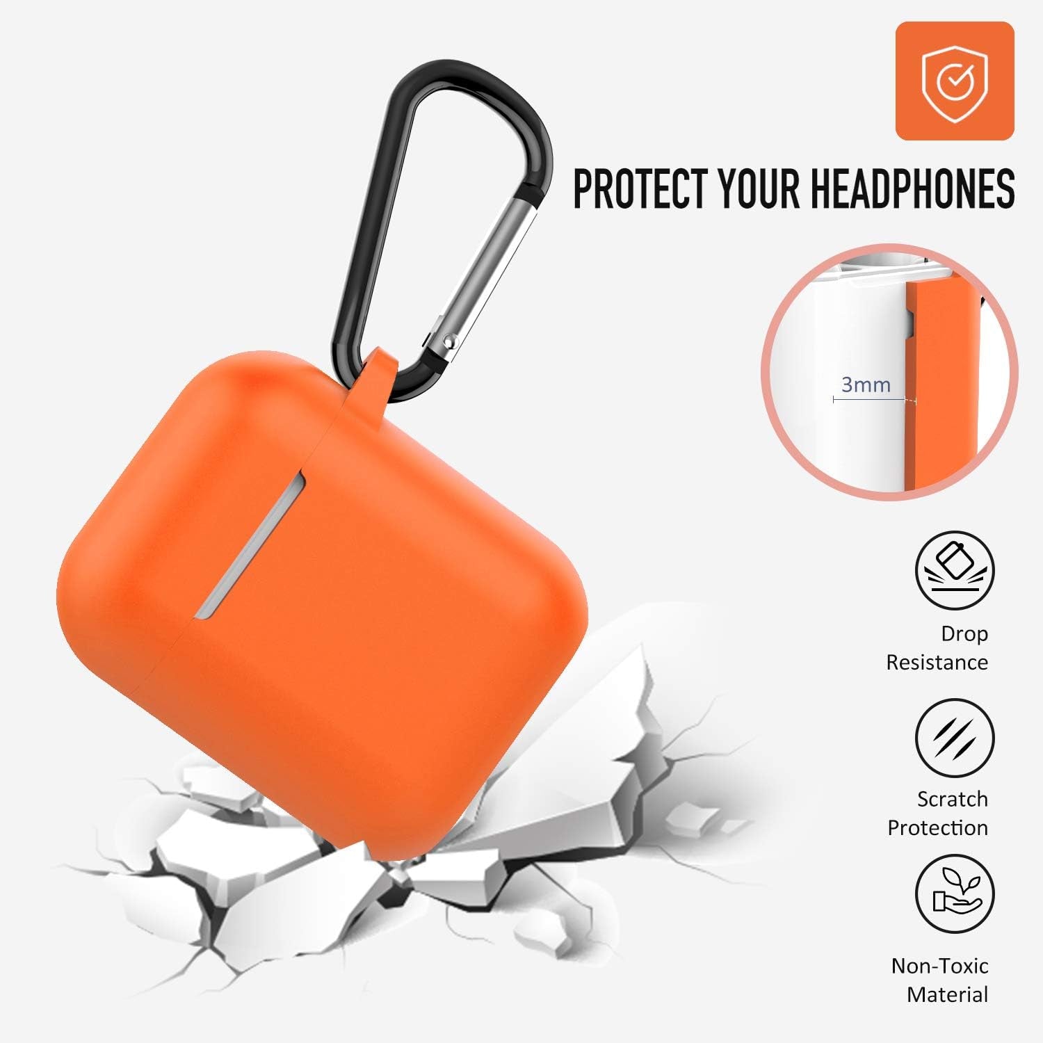 Coffea Protective Silicone Case with Keychain for Apple Airpods 1 & 2 (Front LED Not Visible) (Vibrant Orange)