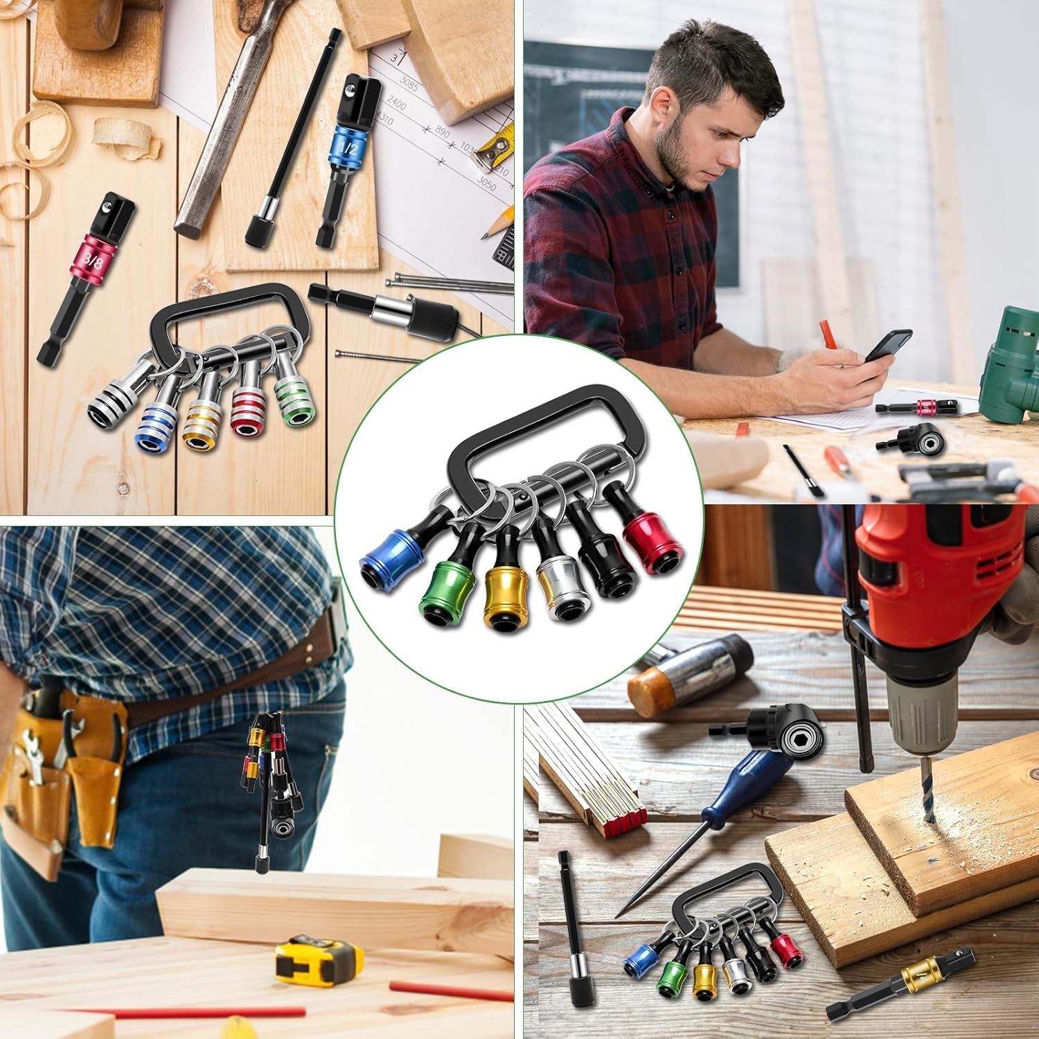 18PCS Bit Holder Keychain Gadgets, Includes Right Angle Drill Adaptor, 3Pcs 1/4" 3/8" 1/2" Drill Socket Adapter, 3Pcs 1/4 Inch Hex Shank Quick Release Bar Socket Screwdriver 11P Bit Holder