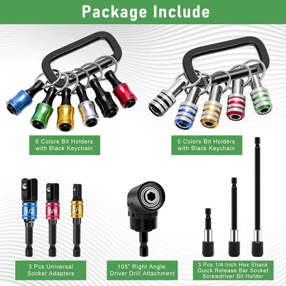 18PCS Bit Holder Keychain Gadgets, Includes Right Angle Drill Adaptor, 3Pcs 1/4" 3/8" 1/2" Drill Socket Adapter, 3Pcs 1/4 Inch Hex Shank Quick Release Bar Socket Screwdriver 11P Bit Holder