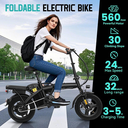 Electric Bike for Adults Teens, Commuter City Folding Ebike with 560W Motor and 48V Battery, 24MPH 3 Level Pedals Assist, Dual Disc Brakes,14" Compact Foldable Electric Bicycle with UL 2849 Certified