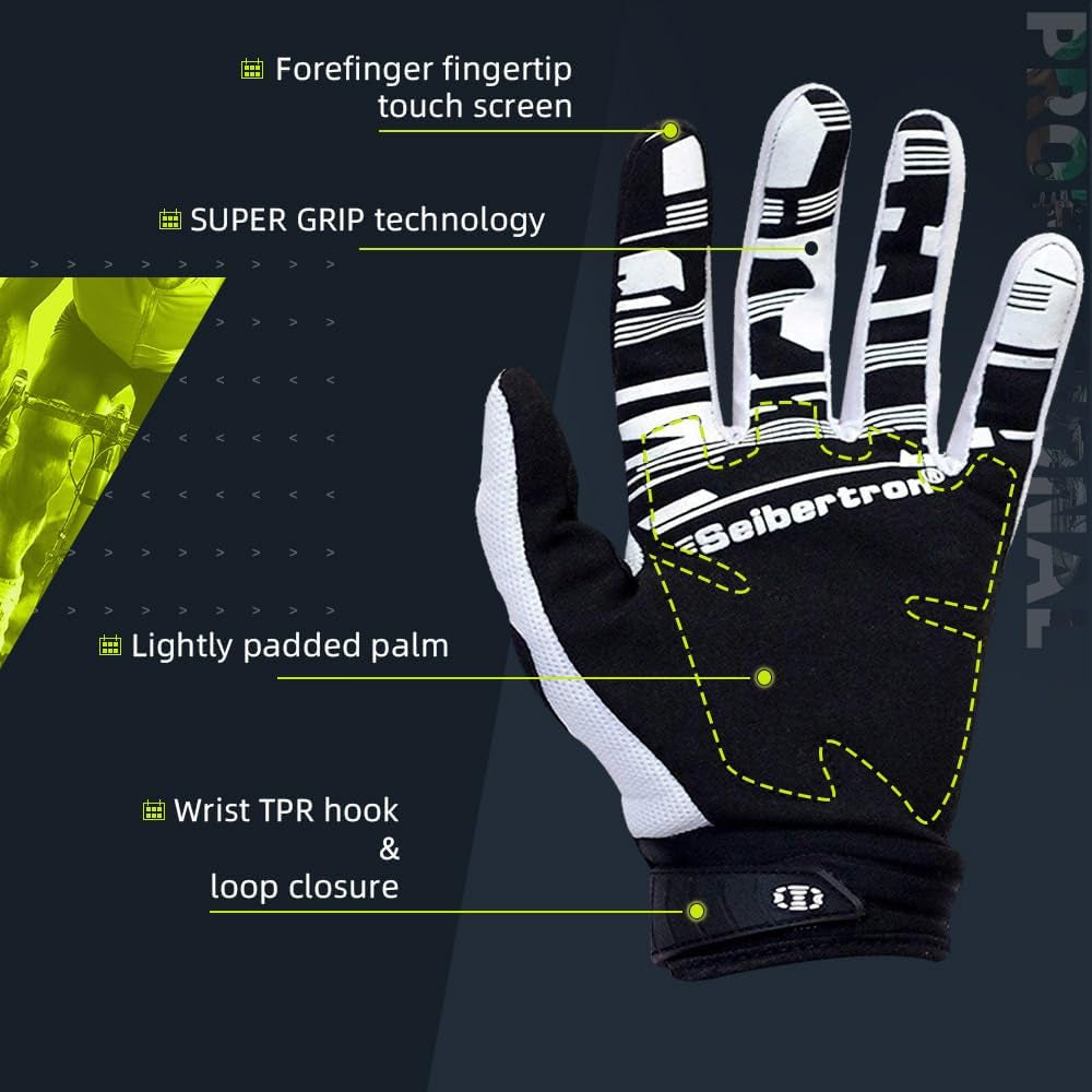Seibertron Unisex BMX MX ATV MTB Racing Mountain Bike Bicycle Cycling Off-Road/Dirt Bike Gloves Road Racing Motorcycle Motocross Sports Gloves Touch Recognition Full Finger Glove