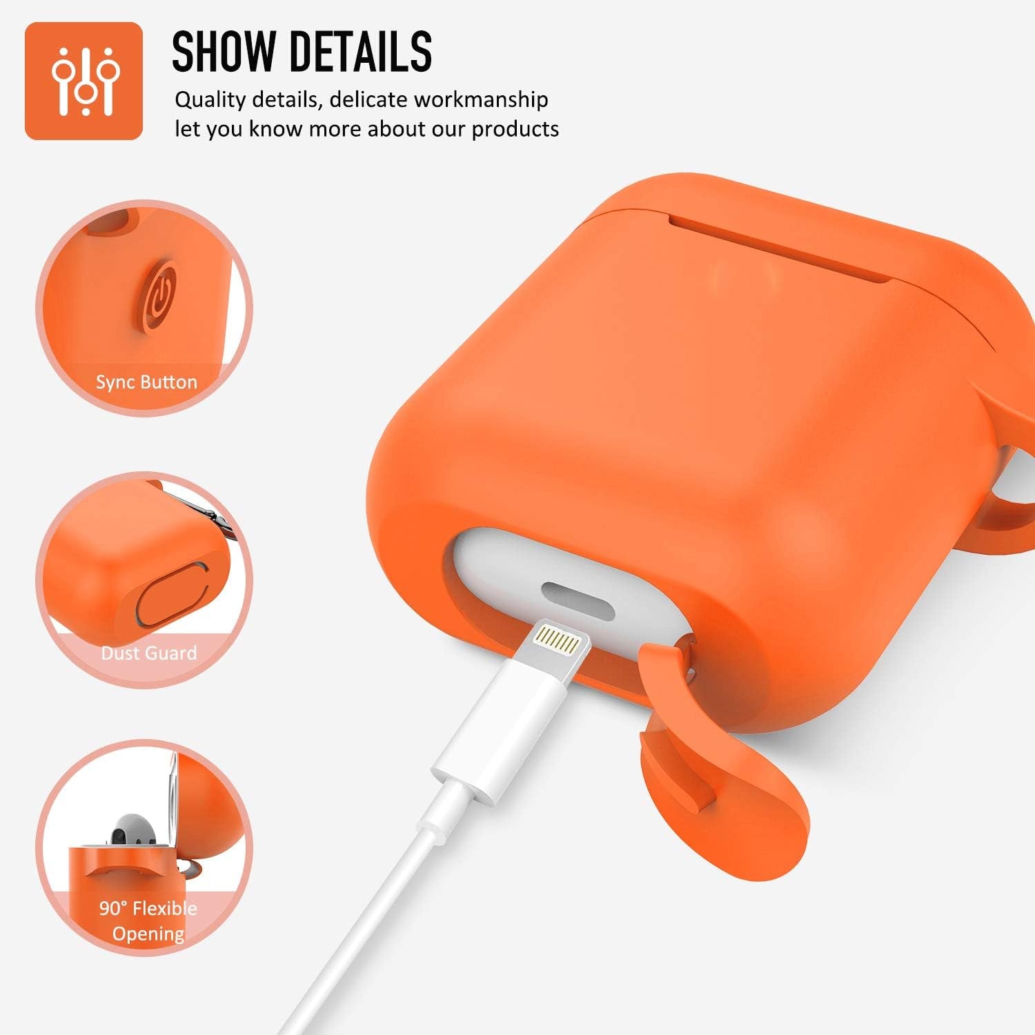 Coffea Protective Silicone Case with Keychain for Apple Airpods 1 & 2 (Front LED Not Visible) (Vibrant Orange)