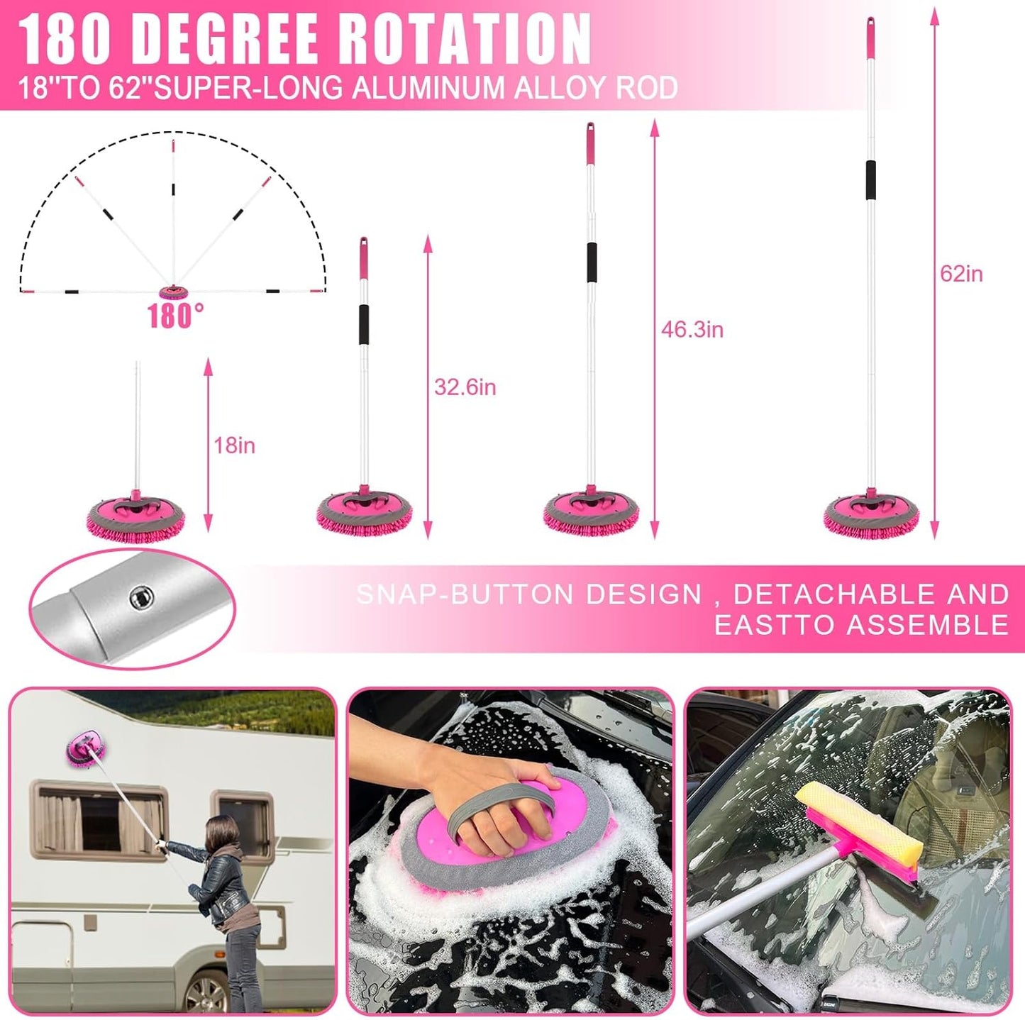 Pink 62" Car Wash Brush with Long Handle,Chenille Microfiber Car Wash Mop Sponge Mitt ,Windshield Window Squeegee,Wheel Brush,Car Detailing Brushes,Car Duster,Towel,Car Cleaning Kit for Cars RV Truck