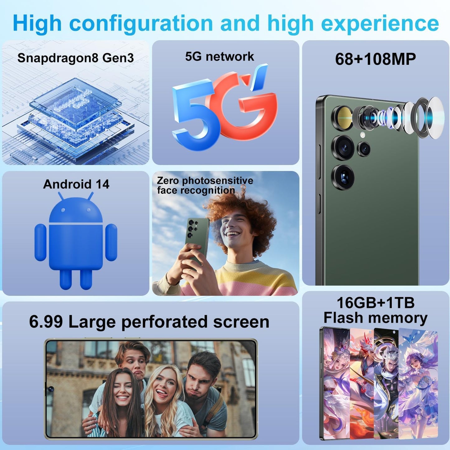 Huness I25 Ultra Unlocked Cell Phone,Built in Pen,16+1Tb Unlocked Phone, Android 14 Battery 7000Mah 6.99" HD Screen Smartphone, 5G/Face Id/Fingerprint Lock/Dual SIM/GPS (Green, 16+1TB)