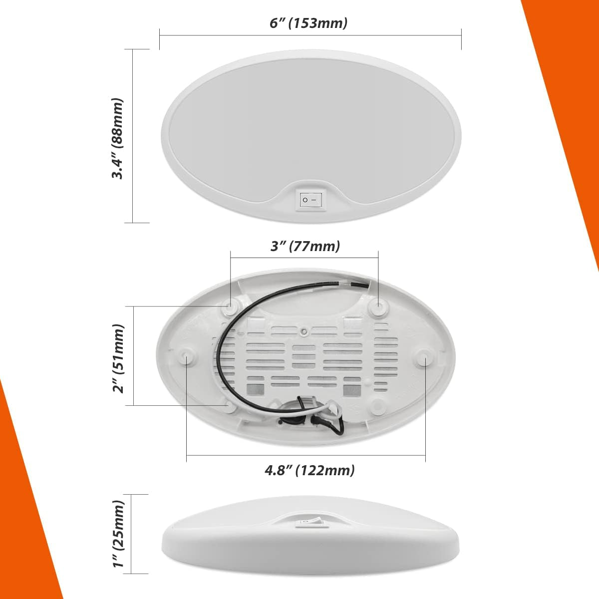 Dream Lighting 12V RV Interior Light with On/Off Switch 6 Inch Oval LED Ceiling Light 4.5W 3500K Soft White Lighting, Pack of 1