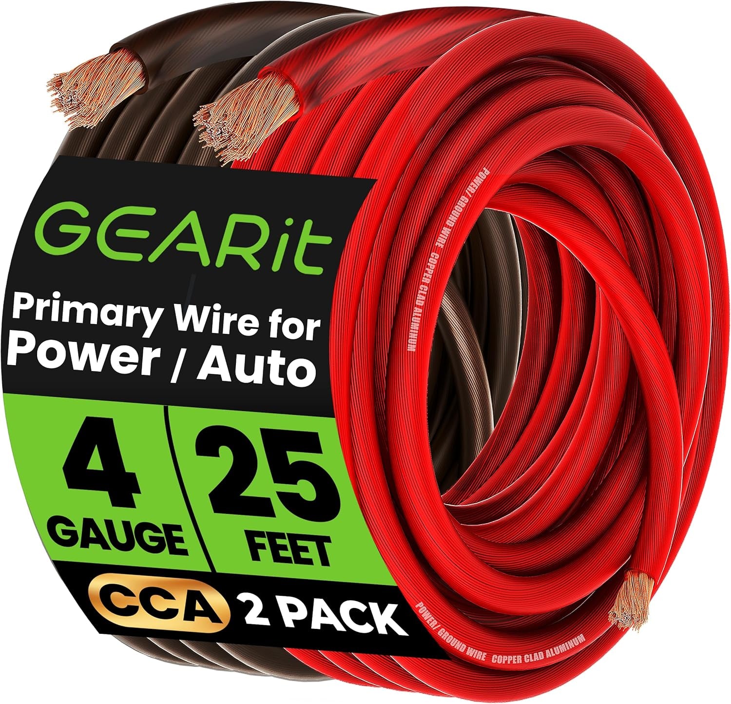 Gearit 4 Gauge Wire, CCA Electrical Wire Extension Cord for Automotive Power/Ground, Battery Cable, Car Audio, RV, Amp Wiring Kit, (25 Feet Each- Black/Red Translucent)