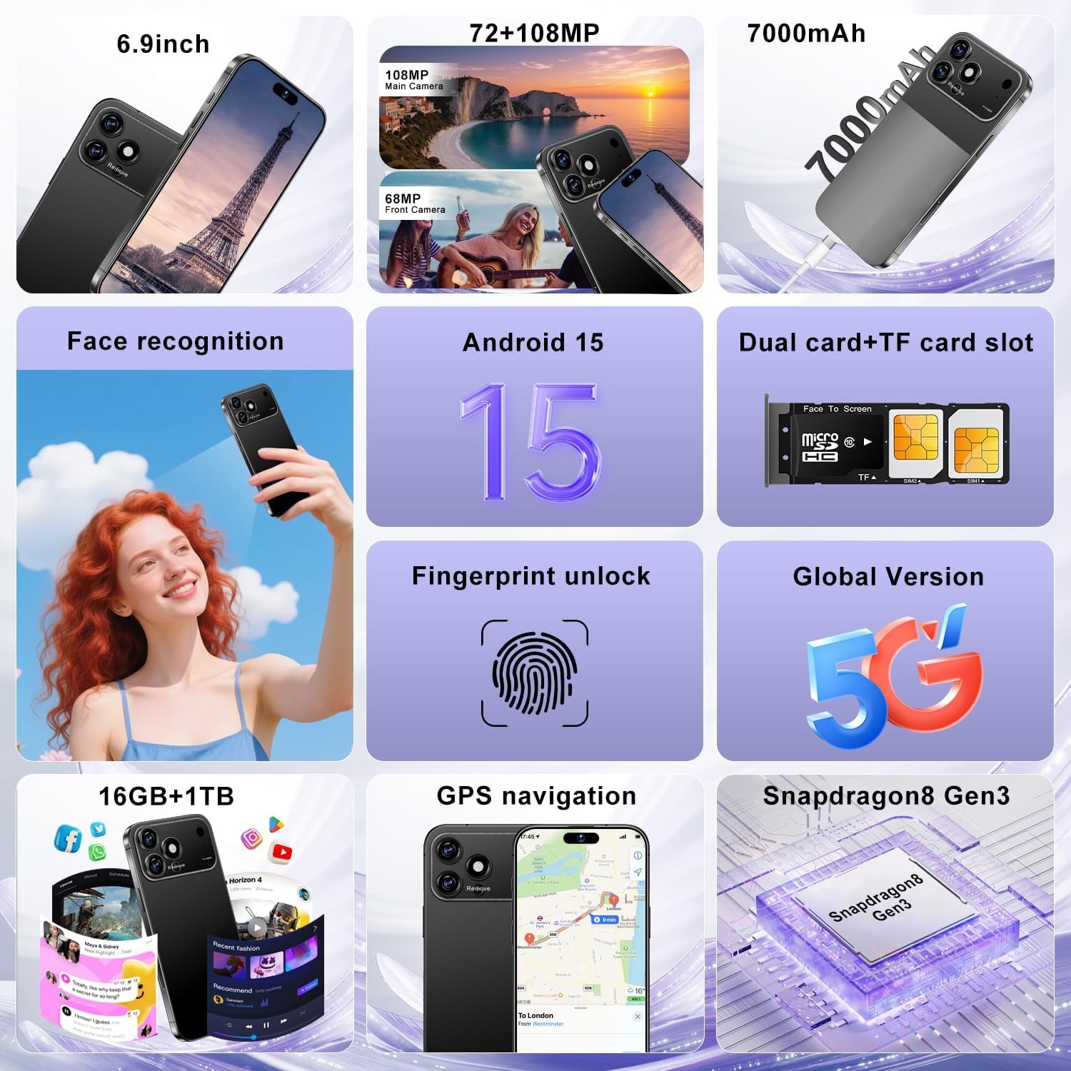 Proma X 17 Unlocked Smartphone - 6.99" HD Display, 5G Connectivity, 16+1TB Storage, 7000mAh Battery, 72+108MP Dual Camera, Fingerprint and Face ID Security, Dual SIM (Black)