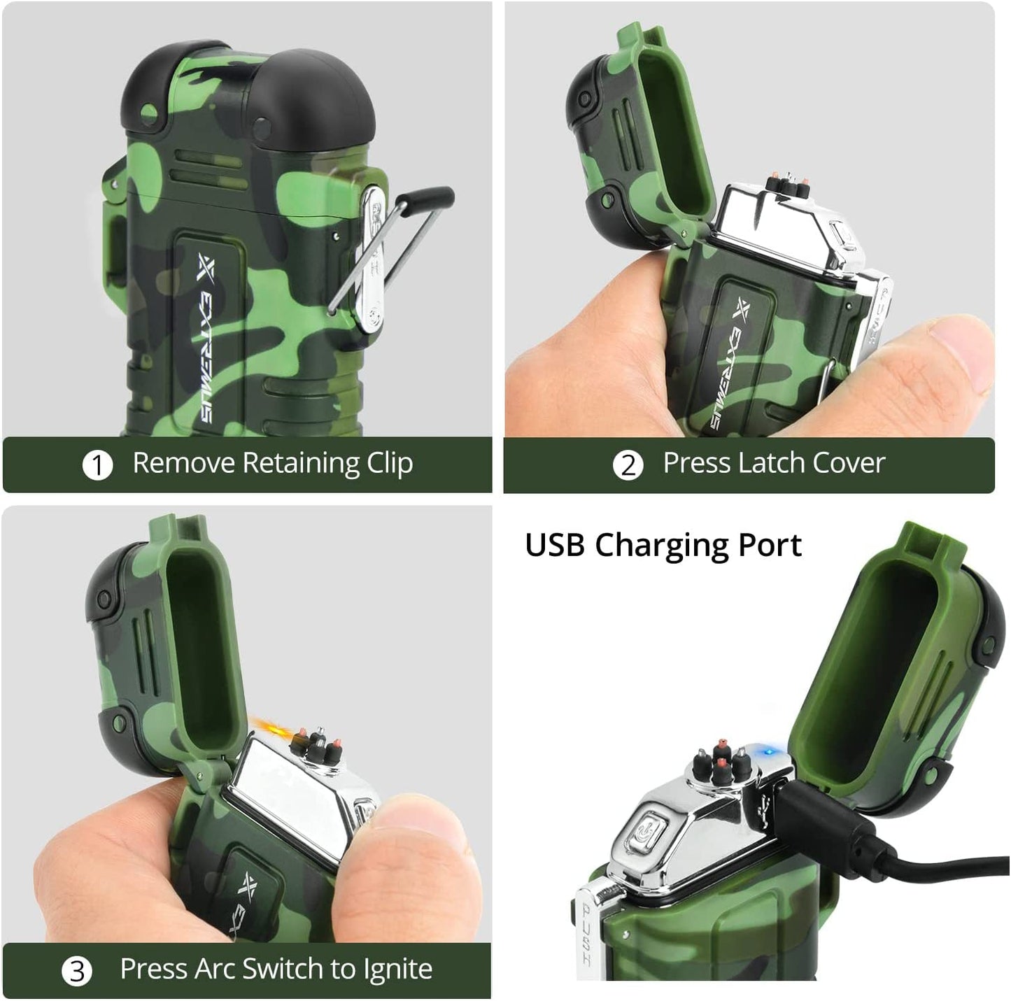 Extremus Blaze 360 Rechargeable Electric Lighters, Dual Arc Lighter, Windproof Plasma Lighter, Waterproof Lighter, Flameless Lighter with Whistle Lanyard for Camping (Army Green(Without Flash))